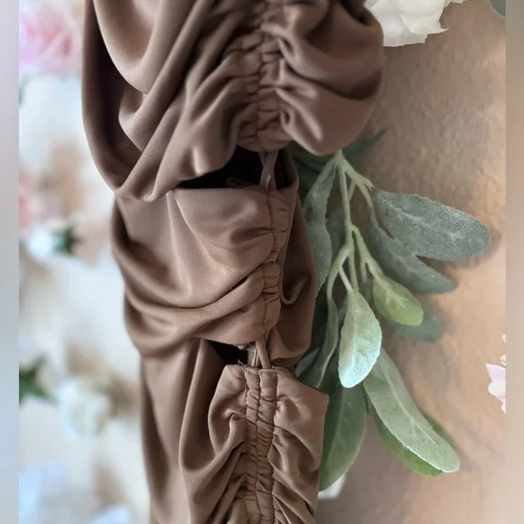 NWOT Zara Brown Asymmetric Draped Cut Out Ruched Mini Dress - Picture 6 of 7